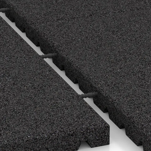 Großaufnahme vom Verbindungssystem von WARCO-Boden 0780 - Valmat im Farbdesign Anthraciet. Abmessungen 1000 x 1000 x 40 mm.