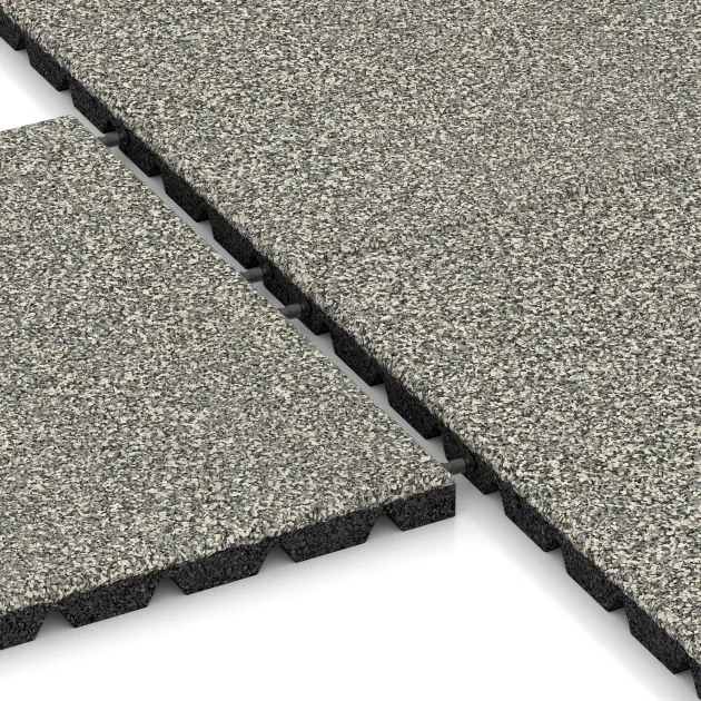 Großaufnahme vom Verbindungssystem von WARCO-Boden 5327 - Valtegel im Farbdesign Lichtgrijs Graniet. Abmessungen 500 x 500 x 30 mm.