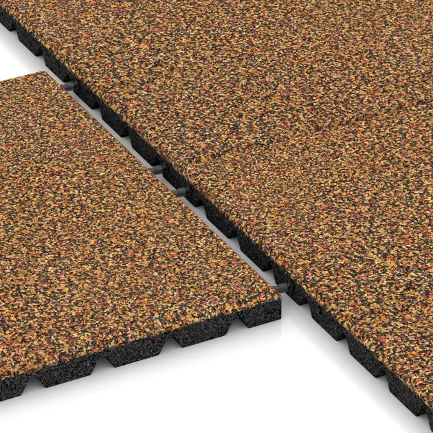 Großaufnahme vom Verbindungssystem von WARCO-Boden 5481 - Terrastegel 3 cm im Farbdesign Terra Cotta. Abmessungen 500 x 500 x 30 mm.