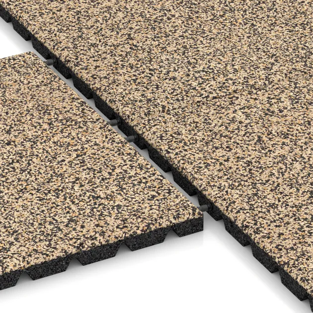 Großaufnahme vom Verbindungssystem von WARCO-Boden 5485 - Terrastegel 3 cm im Farbdesign Travertin. Abmessungen 500 x 500 x 30 mm.