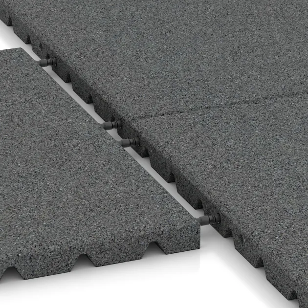 Großaufnahme vom Verbindungssystem von WARCO-Boden 0577 - Valtegel im Farbdesign Leigrijs. Abmessungen 500 x 500 x 30 mm.