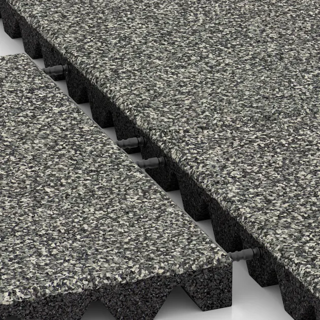 Großaufnahme vom Verbindungssystem von WARCO-Boden 5543 - Rubber speelplaatstegel 4,5 cm - EN 1177 ≤ 135 cm im Farbdesign Grijs Graniet. Abmessungen 500 x 500 x 45 mm.