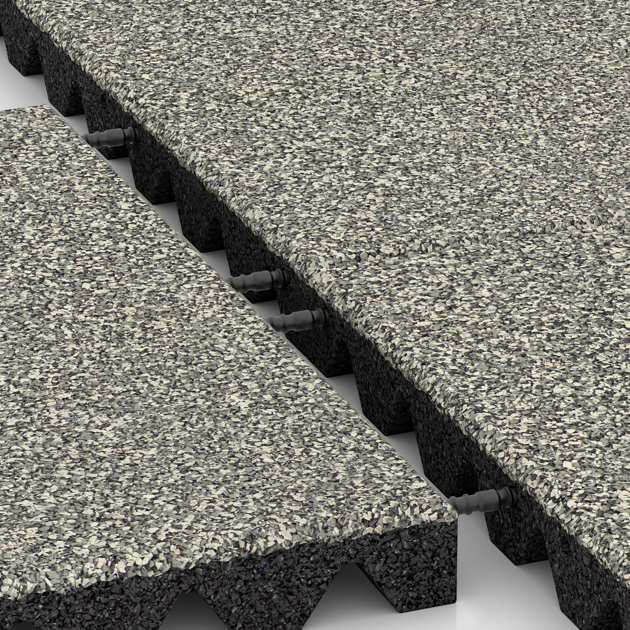 Großaufnahme vom Verbindungssystem von WARCO-Boden 5544 - Rubber speelplaatstegel 4,5 cm - EN 1177 ≤ 135 cm im Farbdesign Lichtgrijs Graniet. Abmessungen 500 x 500 x 45 mm.