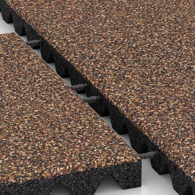 Großaufnahme vom Verbindungssystem von WARCO-Boden 5547 - Rubber speelplaatstegel 4,5 cm - EN 1177 ≤ 135 cm im Farbdesign Schors & Bast. Abmessungen 500 x 500 x 45 mm.