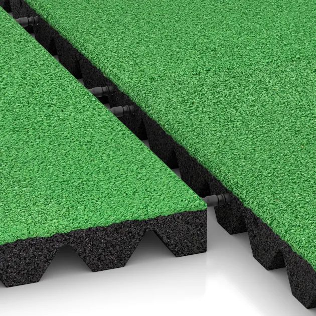 Großaufnahme vom Verbindungssystem von WARCO-Boden 5536 - Rubber speelplaatstegel 4,5 cm - EN 1177 ≤ 135 cm im Farbdesign Meigroen. Abmessungen 500 x 500 x 45 mm.