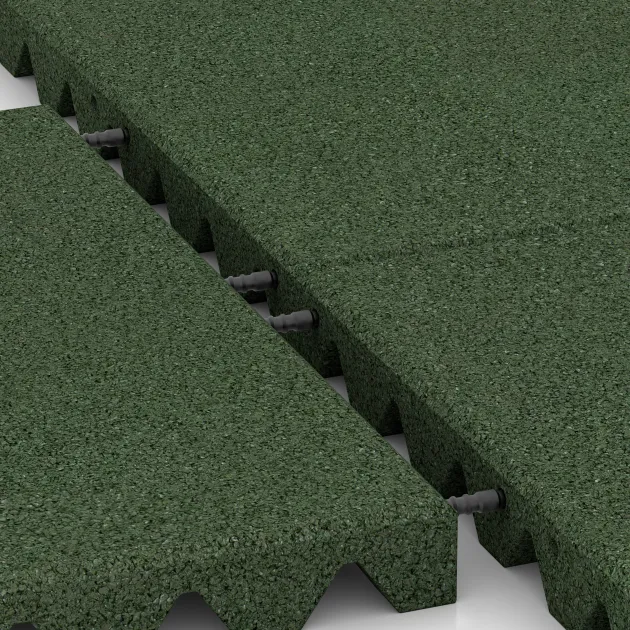 Großaufnahme vom Verbindungssystem von WARCO-Boden 3864 - Geluidsisolatiepaneel im Farbdesign Grasgroen. Abmessungen 500 x 500 x 45 mm.