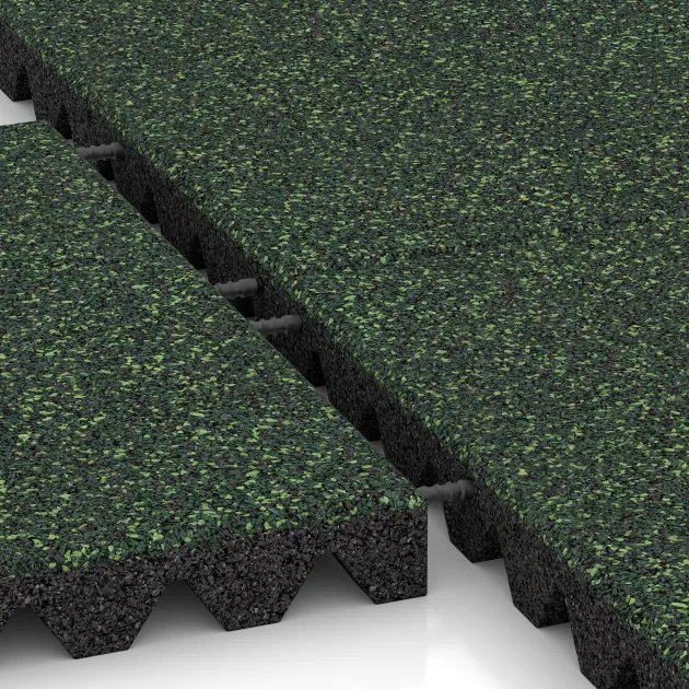Großaufnahme vom Verbindungssystem von WARCO-Boden 5358 - Valtegel im Farbdesign Engels Gras. Abmessungen 500 x 500 x 50 mm.