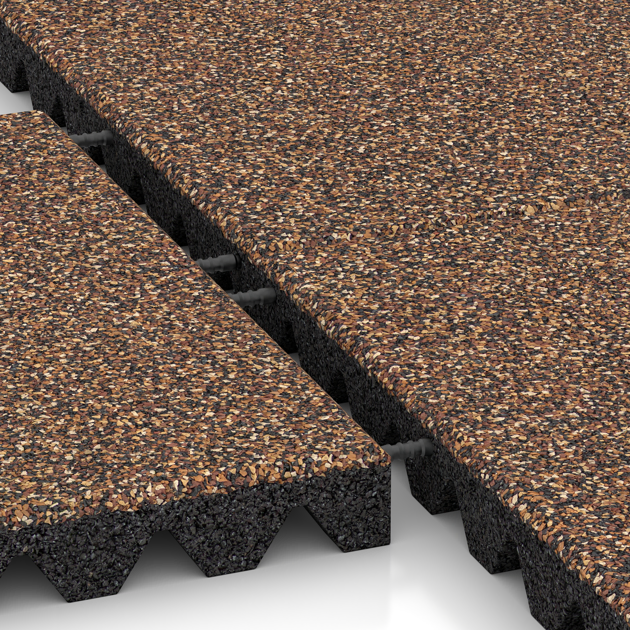 Großaufnahme vom Verbindungssystem von WARCO-Boden 5360 - Valtegel im Farbdesign Schors & Bast. Abmessungen 500 x 500 x 50 mm.