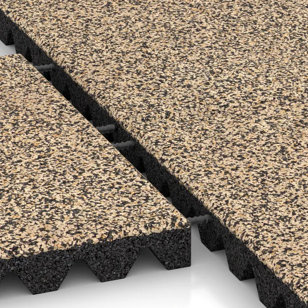 Großaufnahme vom Verbindungssystem von WARCO-Boden 5349 - Valtegel im Farbdesign Travertin. Abmessungen 500 x 500 x 50 mm.