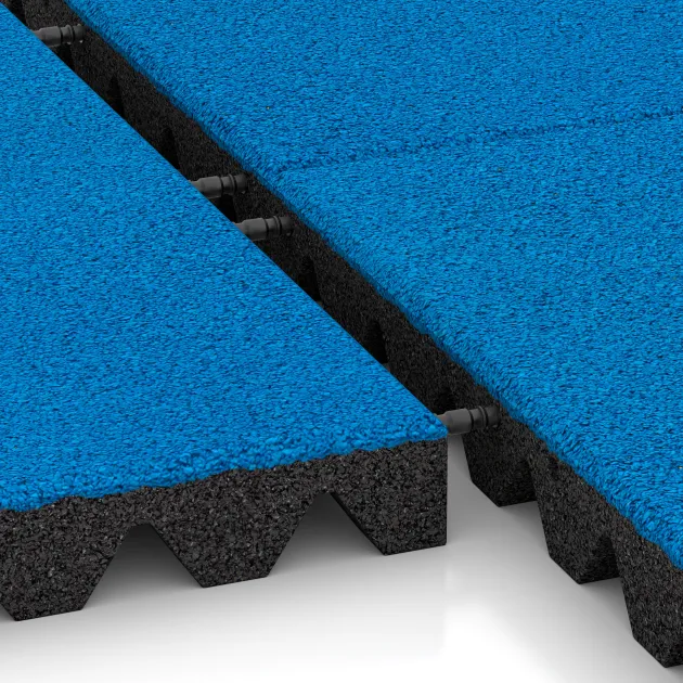 Großaufnahme vom Verbindungssystem von WARCO-Boden 0681 - Valtegel im Farbdesign Hemelsblauw. Abmessungen 500 x 500 x 50 mm.