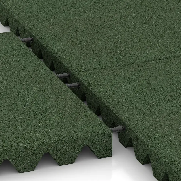 Großaufnahme vom Verbindungssystem von WARCO-Boden 5556 - Rubber speelplaatstegel 5 cm - EN 1177 ≤ 145 cm im Farbdesign Grasgroen. Abmessungen 500 x 500 x 50 mm.