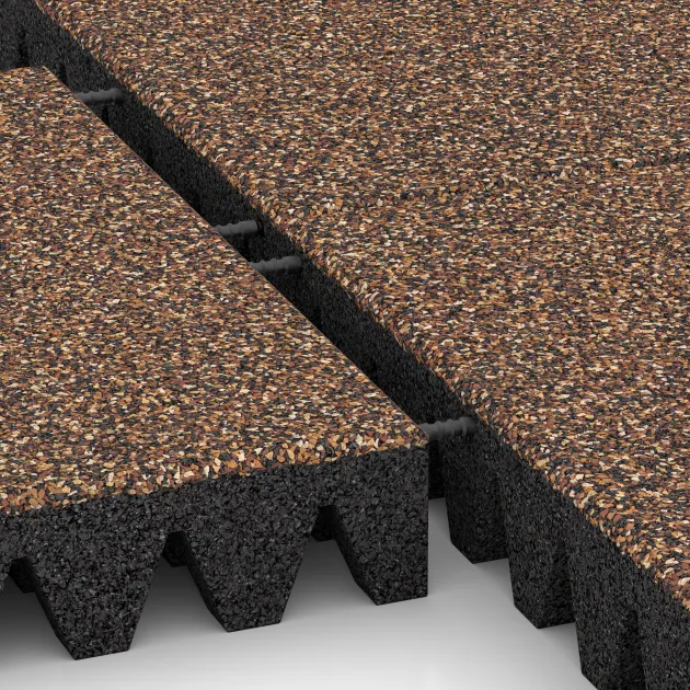 Großaufnahme vom Verbindungssystem von WARCO-Boden 5616 - Rubber speelplaatstegel 8 cm - EN 1177 ≤ 215 cm im Farbdesign Schors & Bast. Abmessungen 500 x 500 x 80 mm.