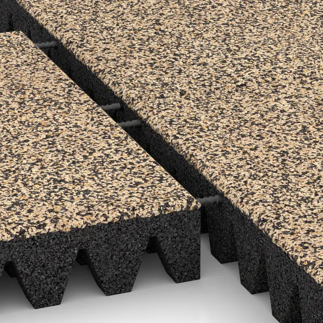 Großaufnahme vom Verbindungssystem von WARCO-Boden 5374 - Valtegel im Farbdesign Travertin. Abmessungen 500 x 500 x 80 mm.