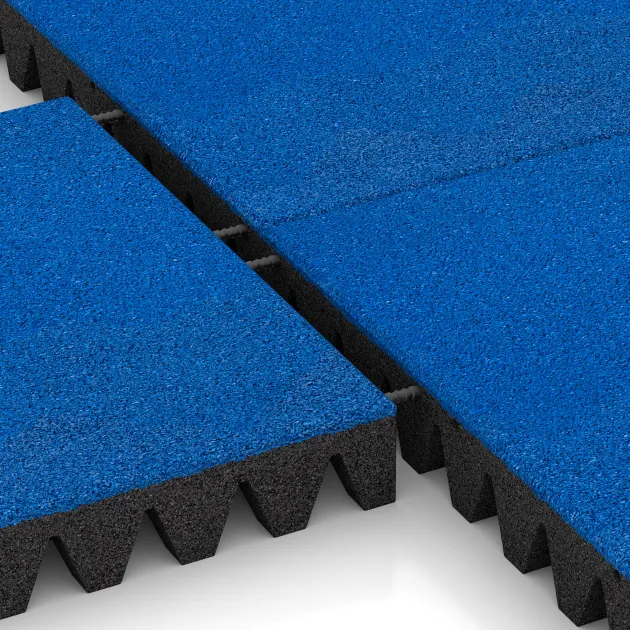 Großaufnahme vom Verbindungssystem von WARCO-Boden 0715 - Valtegel im Farbdesign Gentiaanblauw. Abmessungen 500 x 500 x 80 mm.