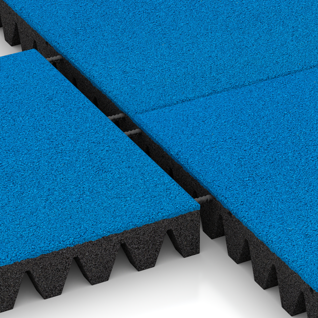 Großaufnahme vom Verbindungssystem von WARCO-Boden 5601 - Rubber speelplaatstegel 8 cm - EN 1177 ≤ 215 cm im Farbdesign Hemelsblauw. Abmessungen 500 x 500 x 80 mm.