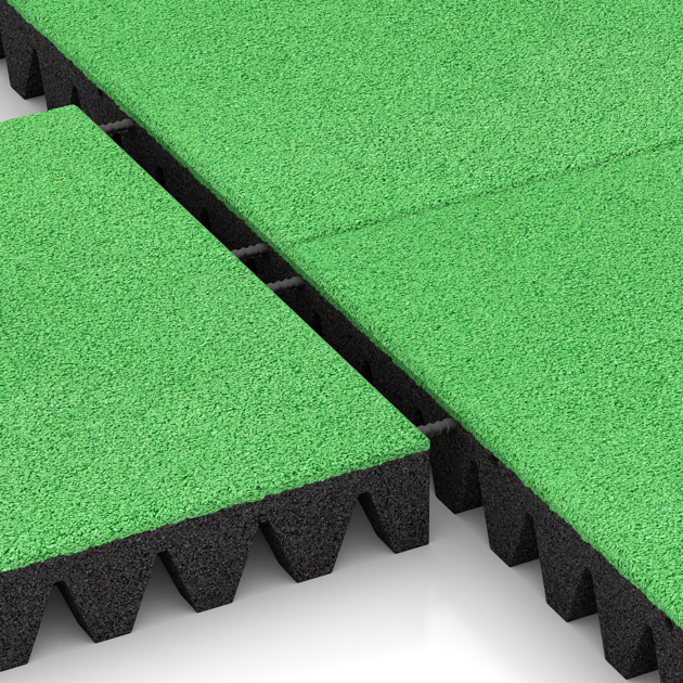 Großaufnahme vom Verbindungssystem von WARCO-Boden 5605 - Rubber speelplaatstegel 8 cm - EN 1177 ≤ 215 cm im Farbdesign Meigroen. Abmessungen 500 x 500 x 80 mm.