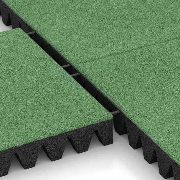 Großaufnahme vom Verbindungssystem von WARCO-Boden 5607 - Rubber speelplaatstegel 8 cm - EN 1177 ≤ 215 cm im Farbdesign Bleekgroen. Abmessungen 500 x 500 x 80 mm.