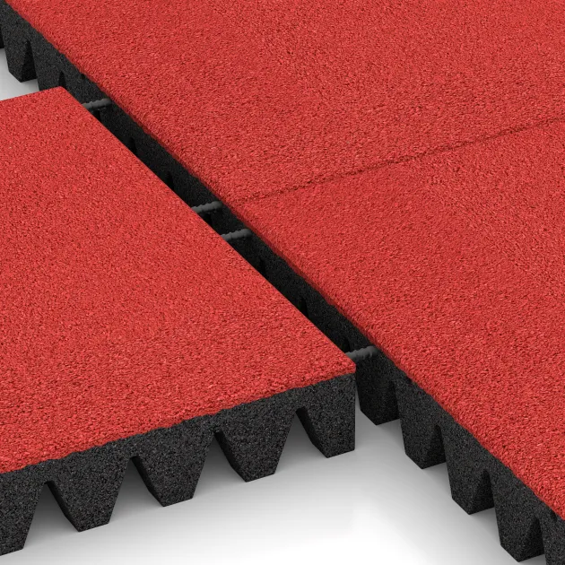Großaufnahme vom Verbindungssystem von WARCO-Boden 5609 - Rubber speelplaatstegel 8 cm - EN 1177 ≤ 215 cm im Farbdesign Roos. Abmessungen 500 x 500 x 80 mm.