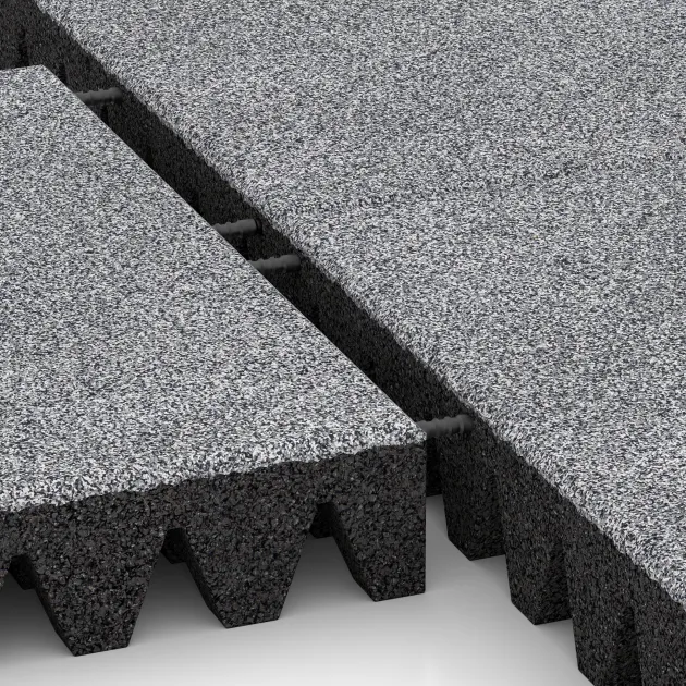 Großaufnahme vom Verbindungssystem von WARCO-Boden 5376 - Valtegel im Farbdesign Grijs Melange. Abmessungen 500 x 500 x 80 mm.