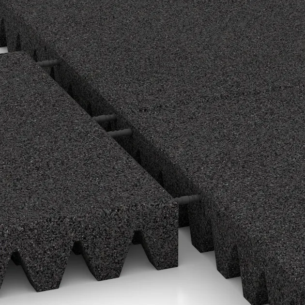 Großaufnahme vom Verbindungssystem von WARCO-Boden 0726 - Valtegel im Farbdesign Anthraciet. Abmessungen 500 x 500 x 80 mm.