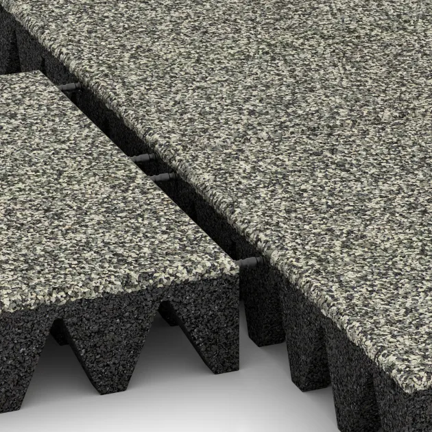 Großaufnahme vom Verbindungssystem von WARCO-Boden 3706 - Valtegel im Farbdesign Lichtgrijs Graniet. Abmessungen 500 x 500 x 100 mm.