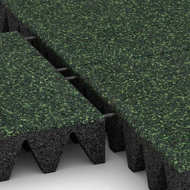 Großaufnahme vom Verbindungssystem von WARCO-Boden 3709 - Valtegel im Farbdesign Engels Gras. Abmessungen 500 x 500 x 100 mm.