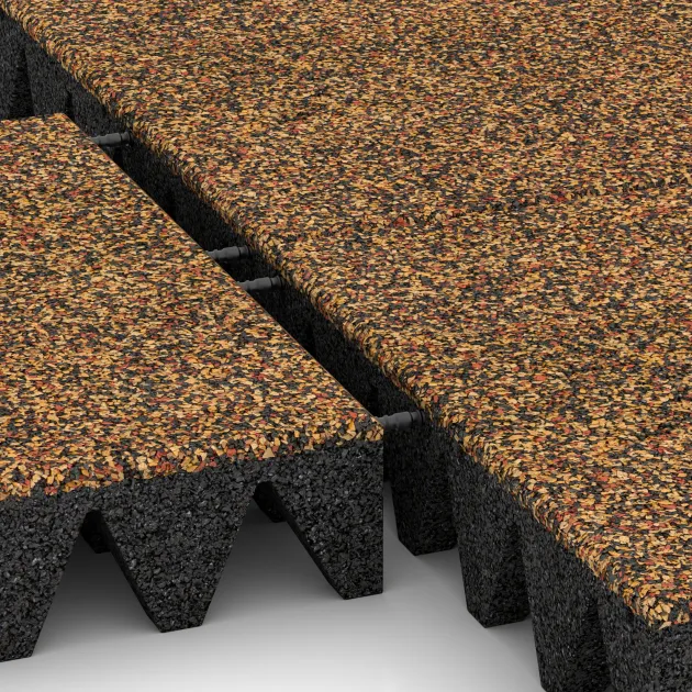 Großaufnahme vom Verbindungssystem von WARCO-Boden 3700 - Valtegel im Farbdesign Terra Cotta. Abmessungen 500 x 500 x 100 mm.