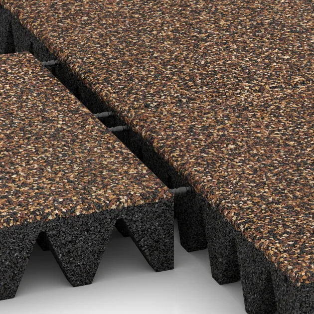 Großaufnahme vom Verbindungssystem von WARCO-Boden 3711 - Valtegel im Farbdesign Schors & Bast. Abmessungen 500 x 500 x 100 mm.