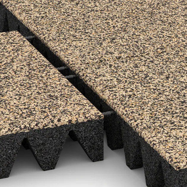 Großaufnahme vom Verbindungssystem von WARCO-Boden 3699 - Valtegel im Farbdesign Travertin. Abmessungen 500 x 500 x 100 mm.