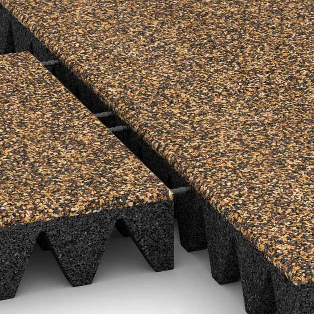 Großaufnahme vom Verbindungssystem von WARCO-Boden 3702 - Valtegel im Farbdesign Rattan Lounge. Abmessungen 500 x 500 x 100 mm.