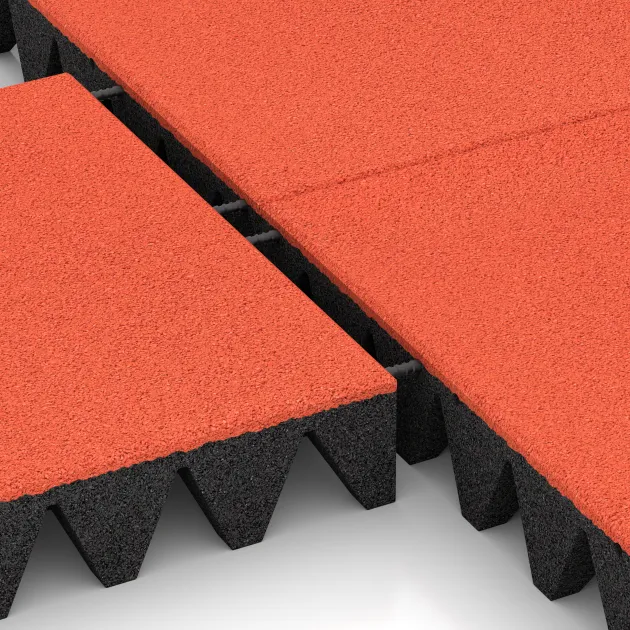 Großaufnahme vom Verbindungssystem von WARCO-Boden 0742 - Valtegel im Farbdesign Felrood-Oranje. Abmessungen 500 x 500 x 100 mm.