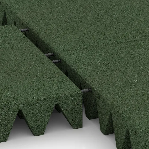 Großaufnahme vom Verbindungssystem von WARCO-Boden 0746 - Valtegel im Farbdesign Grasgroen. Abmessungen 500 x 500 x 100 mm.