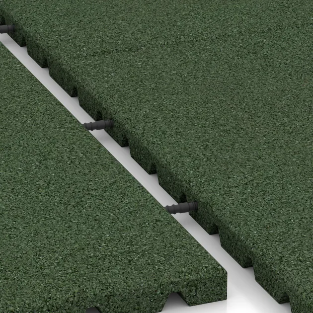 Großaufnahme vom Verbindungssystem von WARCO-Boden 5659 - Rubberen tegel – 90 cm im Farbdesign Grasgroen. Abmessungen 1000 x 1000 x 30 mm.