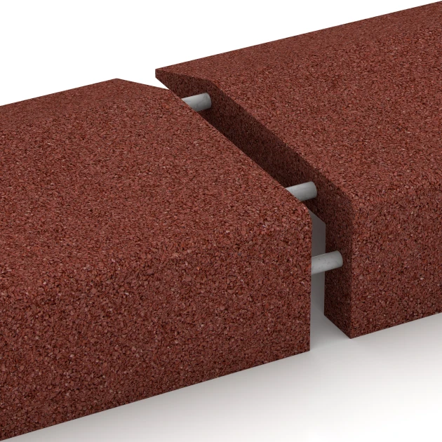 Großaufnahme vom Verbindungssystem von WARCO-Boden 2606 - Rubber randafdekking im Farbdesign Baksteenrood. Abmessungen 100 × 40 cm | 5/15 cm.