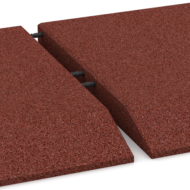 Großaufnahme vom Verbindungssystem von WARCO-Boden 0438 - Randplaat (één zijde afgeschuind) im Farbdesign Baksteenrood. Abmessungen 500 x 500 x 50 mm.