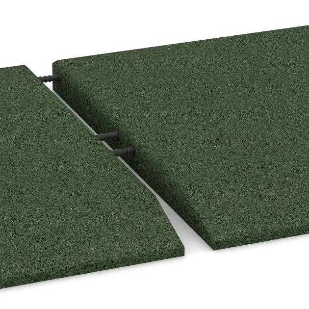 Großaufnahme vom Verbindungssystem von WARCO-Boden 0471 - Hoekpaneel (twee zijden afgeschuind) im Farbdesign Grasgroen. Abmessungen 500 x 500 x 40 mm.