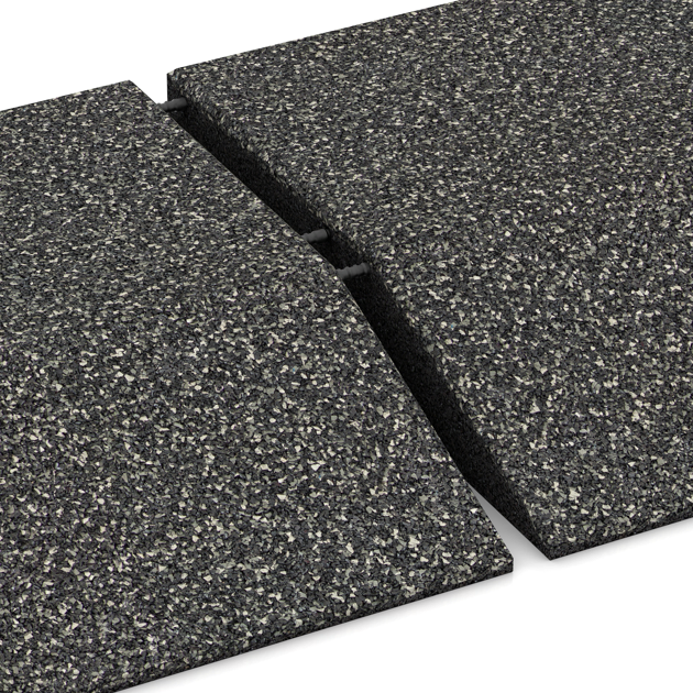 Großaufnahme vom Verbindungssystem von WARCO-Boden 3833 - Hoekpaneel (twee zijden afgeschuind) im Farbdesign Donkergrijs Graniet. Abmessungen 500 x 500 x 100 mm.