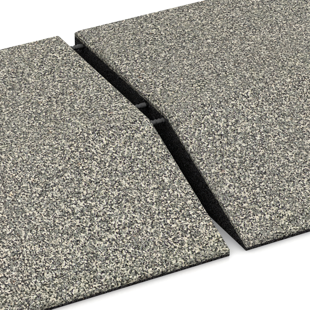 Großaufnahme vom Verbindungssystem von WARCO-Boden 3830 - Hoekpaneel (twee zijden afgeschuind) im Farbdesign Lichtgrijs Graniet. Abmessungen 500 x 500 x 100 mm.