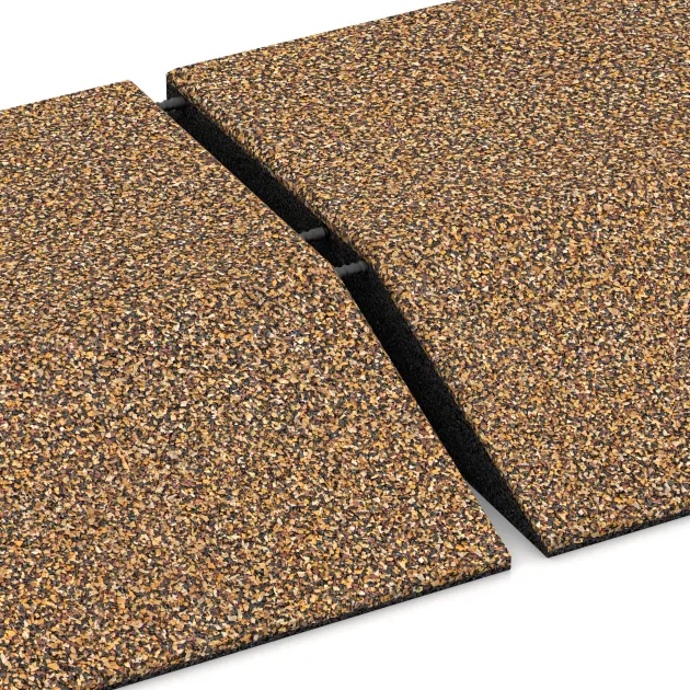 Großaufnahme vom Verbindungssystem von WARCO-Boden 3823 - Hoekpaneel (twee zijden afgeschuind) im Farbdesign Rattan Lounge. Abmessungen 500 x 500 x 100 mm.