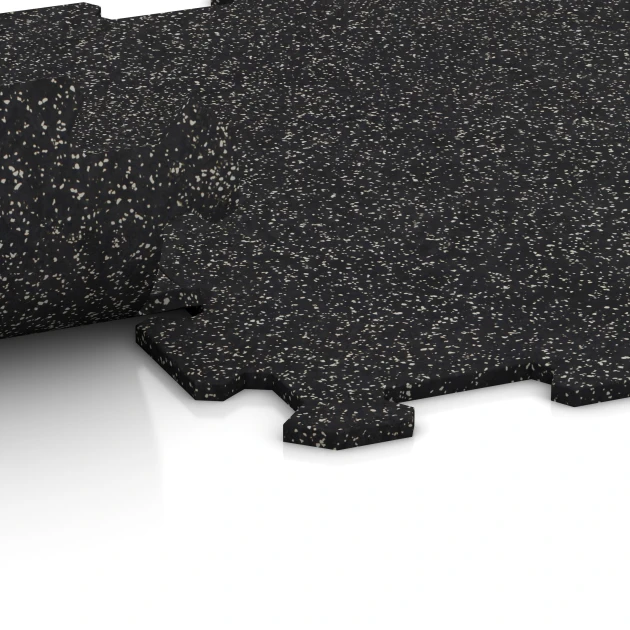 Großaufnahme vom Verbindungssystem von WARCO-Boden 0920 - Fitnessvloer Compact im Farbdesign Licht Grijs Gespeckeld. Abmessungen 485 x 485 x 8 mm | 0,235 m².