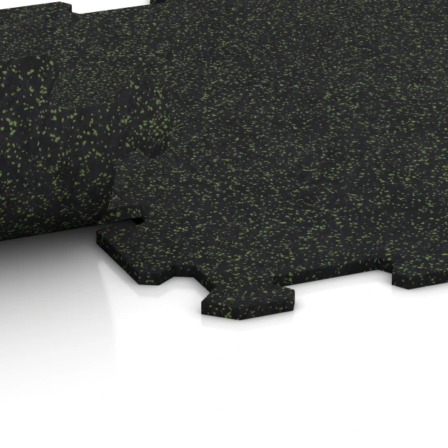 Großaufnahme vom Verbindungssystem von WARCO-Boden 0921 - Fitnessvloer Compact im Farbdesign Licht Groen Gespikkeld. Abmessungen 485 x 485 x 8 mm | 0,235 m².