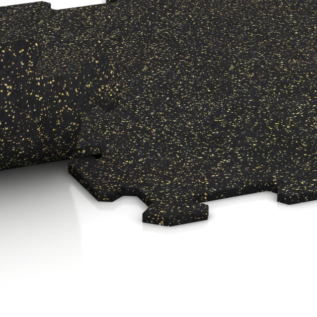 Großaufnahme vom Verbindungssystem von WARCO-Boden 0926 - Fitnessvloer Compact im Farbdesign Licht Geel Gesprenkelde. Abmessungen 485 x 485 x 8 mm | 0,235 m².