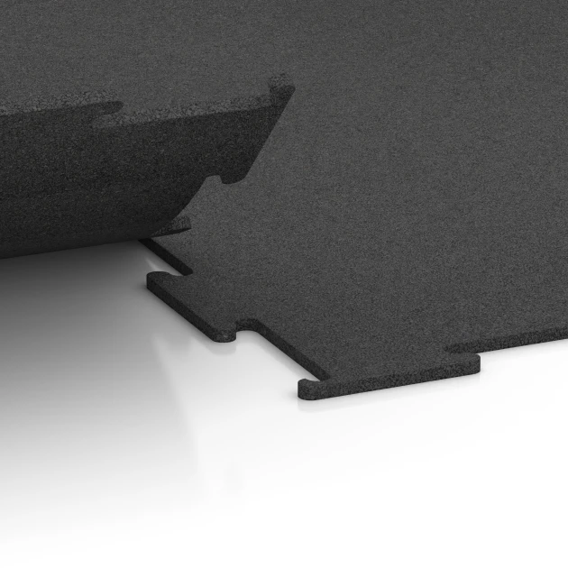 Großaufnahme vom Verbindungssystem von WARCO-Boden 6449 - Fitnessvloer Compact im Farbdesign Antraciet. Abmessungen 100 × 100 × 0,8 cm.