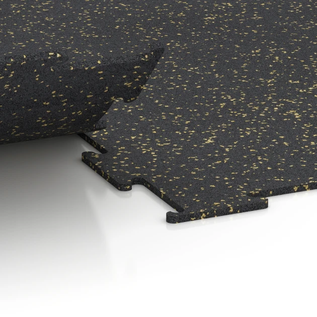 Großaufnahme vom Verbindungssystem von WARCO-Boden 6460 - Fitnessvloer Compact im Farbdesign Licht Geel Gesprenkelde. Abmessungen 50 × 50 × 0,8 cm.