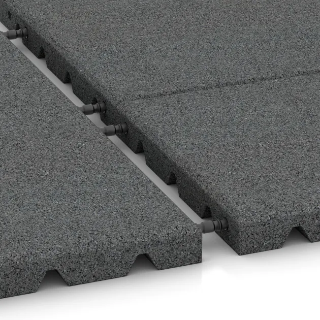 Großaufnahme vom Verbindungssystem von WARCO-Boden 0382 - Halve plaat im Farbdesign Leigrijs. Abmessungen 500 x 250 x 30 mm.