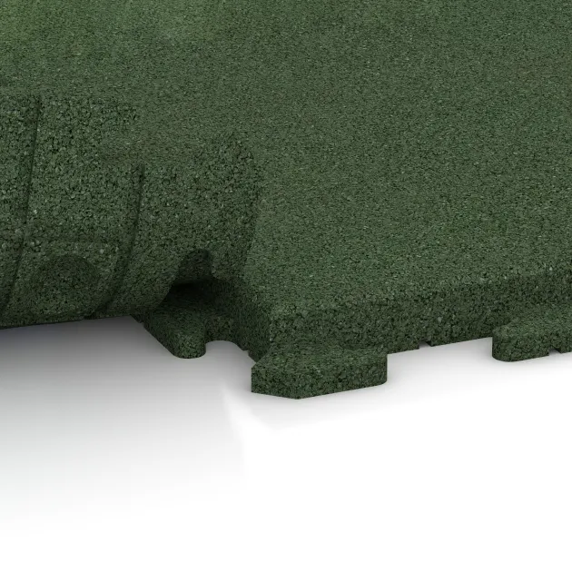 Großaufnahme vom Verbindungssystem von WARCO-Boden 1388 - Rubberen straattegels Classic im Farbdesign Grasgroen. Abmessungen 500 x 500 x 40 mm.