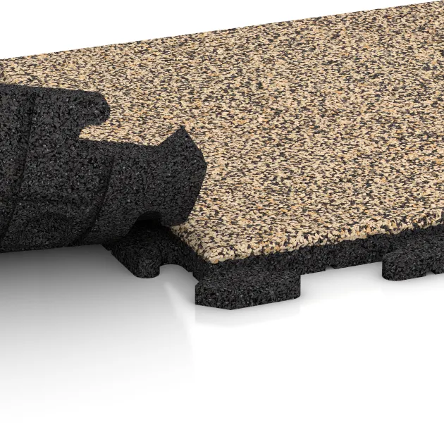 Großaufnahme vom Verbindungssystem von WARCO-Boden 1186 - Hondenkennelplaat im Farbdesign Travertin. Abmessungen 500 x 500 x 30 mm.