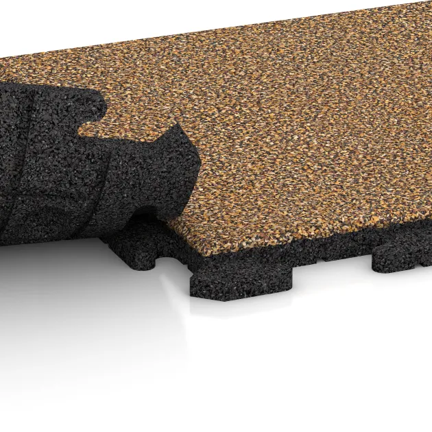 Großaufnahme vom Verbindungssystem von WARCO-Boden 1153 - Terrastegel Classic im Farbdesign Rattan Lounge. Abmessungen 500 x 500 x 30 mm.