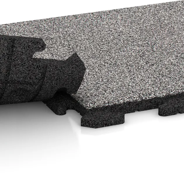 Großaufnahme vom Verbindungssystem von WARCO-Boden 5447 - Traptegel im Farbdesign Grijs Melange. Abmessungen 500 x 500 x 30 mm.