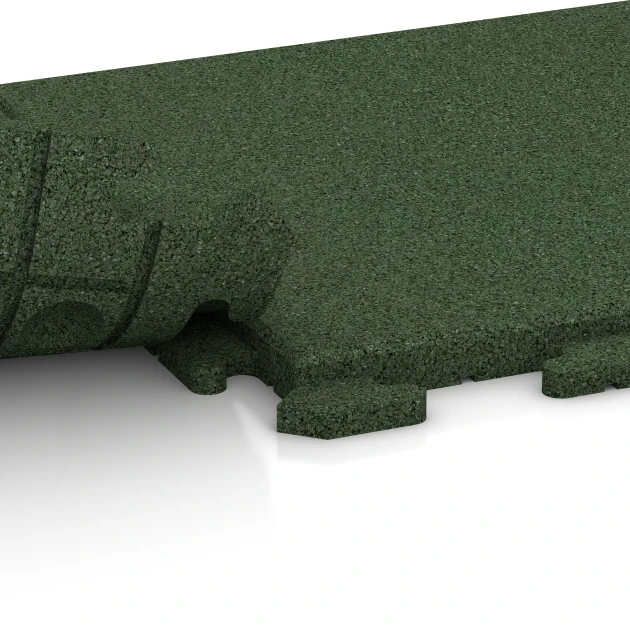 Großaufnahme vom Verbindungssystem von WARCO-Boden 1250 - Terrastegel Classic im Farbdesign Grasgroen. Abmessungen 500 x 500 x 30 mm.